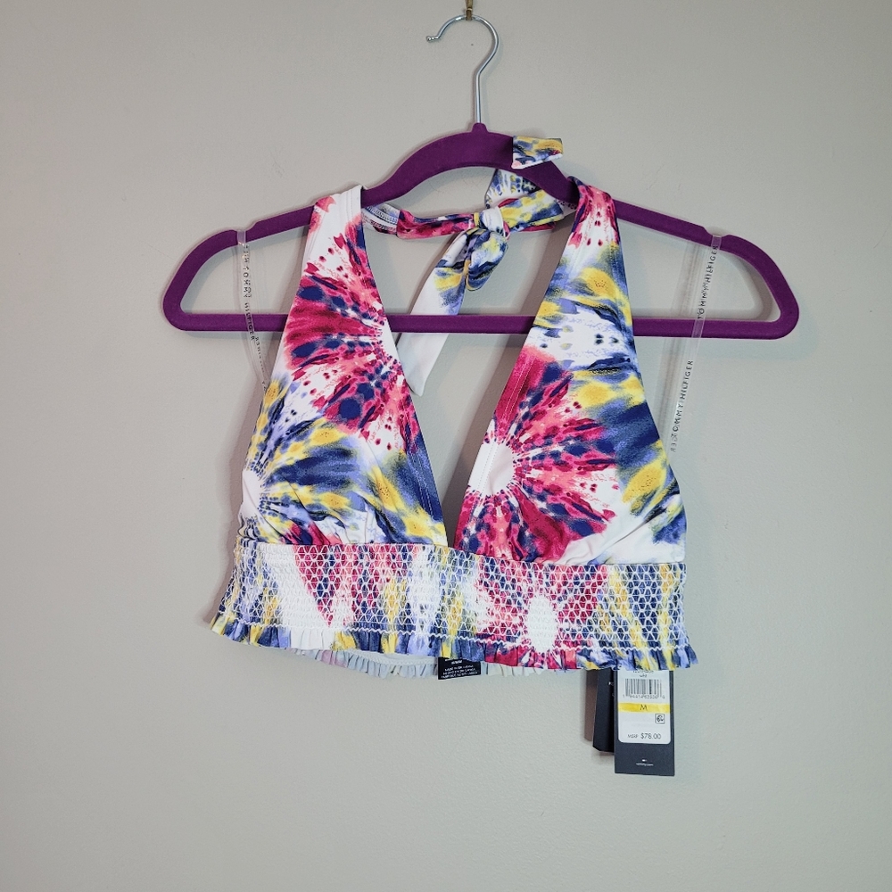 Tommy Hilfiger Tie-Dyed Smocked Halter Bikini Top NWT